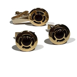 Vintage 1940s Jacob Oldak Goldtone Cufflinks and Tie Tac Set | Red Center Design | Unique Gift
