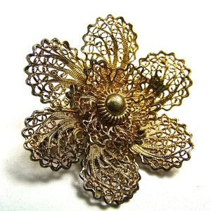 Vintage Filigree Flower Brooch, Gold Tone