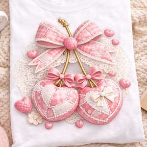 Peut inclure: T-shirt blanc avec un motif romantique de deux cerises roses en forme de cœur, ornées de motifs vichy et de nœuds. Le design comprend de petits cœurs roses et un fond en dentelle, offrant une apparence charmante et ludique.