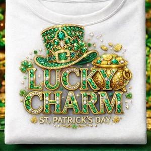 Pot of Gold PNG Lucky Charm Png, St Patrick's Day Png, Leprechaun Hat Clover Rhinestone Png, Lucky Shirt Design,  Sublimation, Irish Shirt