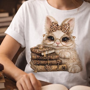 Peut inclure: T-shirt blanc avec un chat mignon portant des lunettes et un nœud. Le chat est assis à côté d'une pile de livres. Les livres ont un motif léopard. Le chat a de grands yeux et porte des lunettes à monture dorée.
