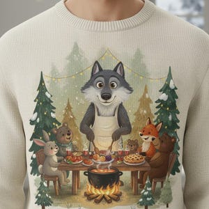 Peut inclure: Pull crème avec une illustration fantaisiste d'un loup portant un tablier, cuisinant au-dessus d'un feu de camp. Le loup est entouré d'animaux de la forêt autour d'une table remplie de nourriture. L'arrière-plan comprend des sapins et des guirlandes lumineuses.