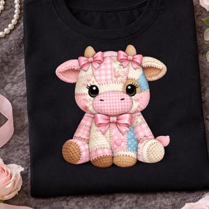 Peut inclure: T-shirt noir avec un motif de vache en patchwork. La vache a des patchs roses et bleus, des nœuds et un détail en forme de cœur. Le motif est centré sur le t-shirt, avec une encolure ronde.
