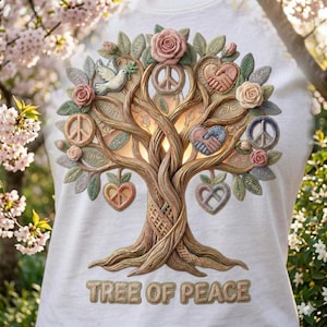 Può includere: T-shirt bianca con un design dettagliato di un albero. L'albero presenta simboli di pace, cuori, rose e una colomba. Le parole "TREE OF PEACE" sono alla base. Il design è nei toni del marrone, verde, rosa e blu.
