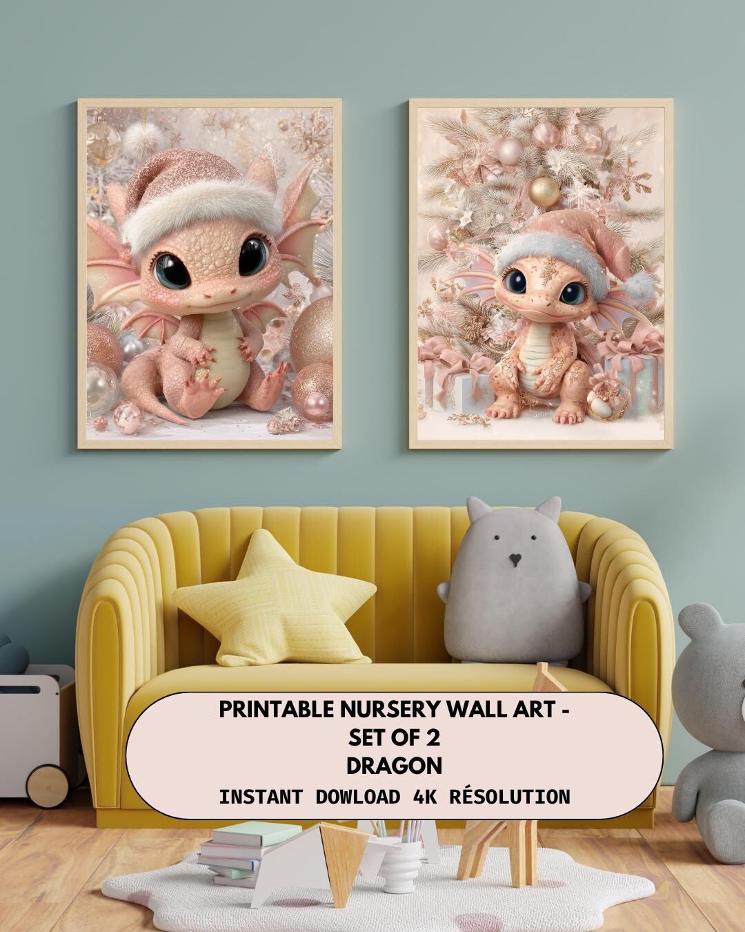 Printable Wall Art Set of 2 - Christmas Baby Dragon Nursery - Decor ...