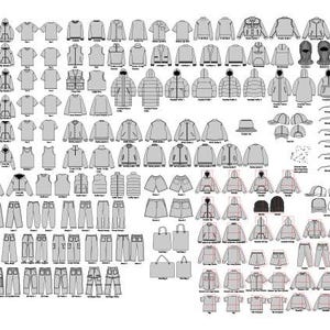 Puede incluir: Ilustración en blanco y negro de varias prendas de vestir. La imagen presenta bocetos de sudaderas con capucha, camisetas, chaquetas, pantalones, pantalones cortos, sombreros, gafas de sol y bolsos de mano, mostrando diversos estilos y diseños.