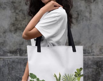 Customization Available! Plant Lovers Hand Drawn Original Tote Bag - Colorful Potted Houseplants Print, personalize with your name/ text!