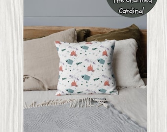 Cute Camping Theme Seamless Repeating Pattern, Print Ready, original art mountains, tents, deer tracks and campfire , PDF, JPEG, PNG, 400DPI
