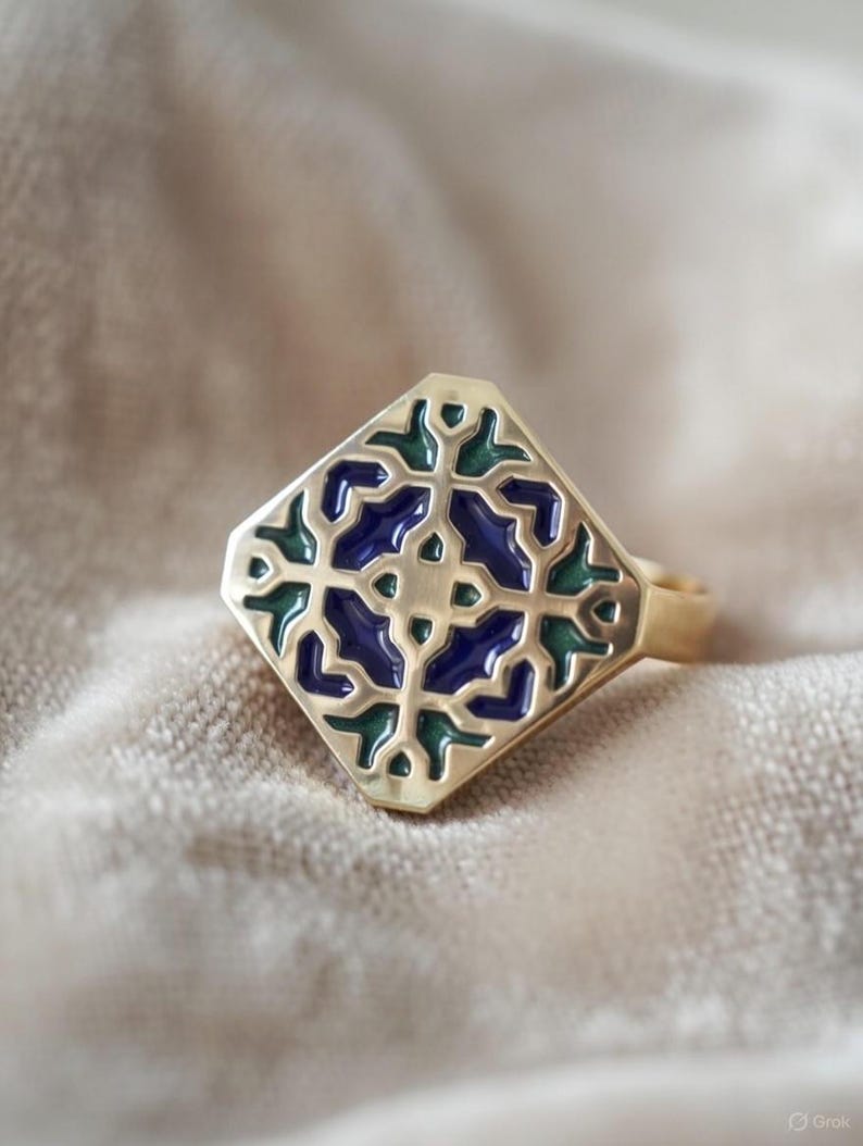 Persian Handmade Square Brass Ring Emerald Green Enamel Eslimi Motif ...