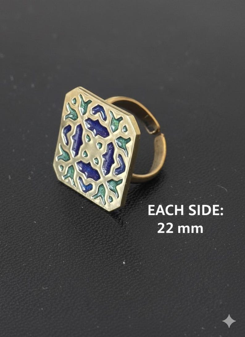 Persian Handmade Square Brass Ring Emerald Green Enamel Eslimi Motif ...