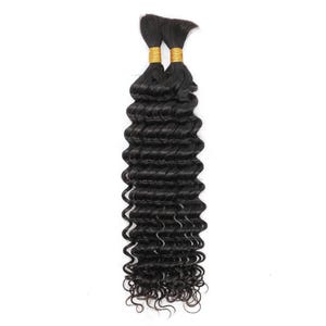 May include: Two bundles of black, wavy hair extensions. The hair is tightly curled and has a natural look. The top of each bundle is wrapped with a gold band.