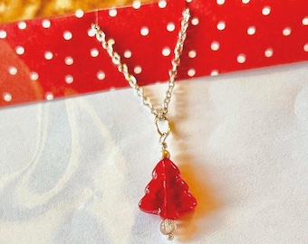 Glass Christmas Tree Necklace | Festive Holiday Jewelry Gift for Women | Handcrafted Artisan Pendant | Red Green Imported Lampwork Glass