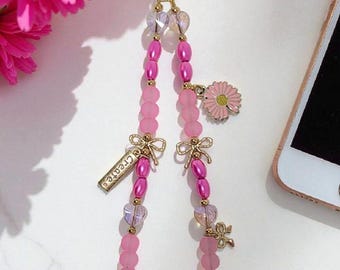 Handmade Pink Beaded Phone Wristlet with Charms
