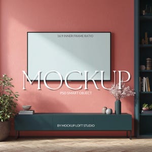 Modern Coral Wall TV Frame Mockup | Horizontal Blank Screen with Teal Console | Bright Contemporary Living Room Mock Up