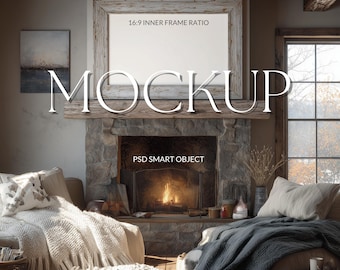 Rustic Cabin Fireplace TV Mockup • Cozy Stone Hearth & Wood Beams • Warm Cottagecore Living Room Mockup • Farmhouse Winter Interior TV Frame