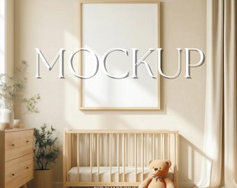 Neutral Nursery Frame Mockup with Wooden Crib | Minimal Baby Room Wall Art Display | Vertical Light Wood Nursery Mock Up