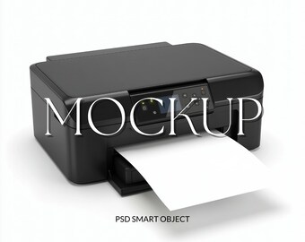 Modern Black Printer Mockup, Printable Wall Art Display, Blank Paper Printing Scene, Digital Download Listing Image, Minimal Office Mockup