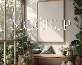 Botanical Living Room Frame Mockup with Plants | Vertical Wood Frame in Sunlit Garden Room | Modern Nature Wall Art Display