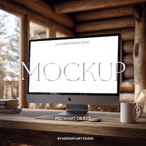 Op de afbeelding: Een zilveren computermonitor met het woord "MOCKUP" op het scherm staat op een houten bureau. Een witte mok, toetsenbord en muis staan ook op het bureau. De tekst "16:9 INNER FRAME RATIO", "PSD SMART OBJECT" en "BY MOCKUP LOFT STUDIO" zijn ook zichtbaar.
