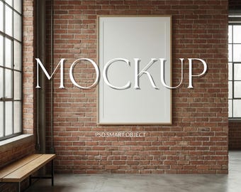 Minimal Brick Wall Frame Mockup, Vertical Light Wood Frame on Red Brick Wall, Modern Industrial Art Mockup, Neutral Wall Art Display