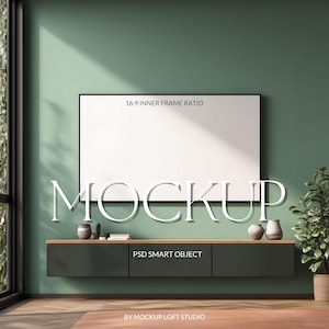 Modern salviagrön vägg-TV-rammodell | Horisontell minimalistisk flytande konsoldisplay | Modern vardagsrumsmodell