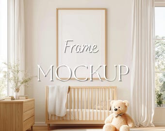 Neutral Nursery Frame Mockup with Wooden Crib | Vertical Light Wood Nursery Wall Art Display | Baby Room Decor Mock Up