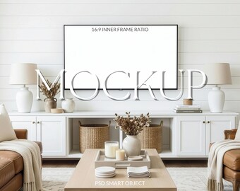 Neutral TV Frame Mockup, Modern Farmhouse Living Room TV Art, Minimal White Screen TV Display, Scandinavian Home Decor Mockup