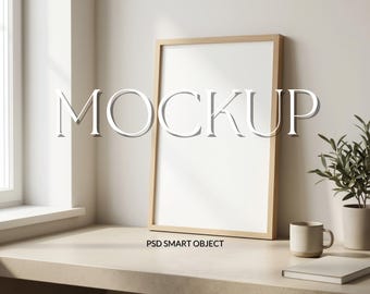 Light Wood Frame Mockup on Desk, Minimal Vertical Poster Mockup, Scandinavian Neutral Interior Scene, Natural Window Light Styled Photo