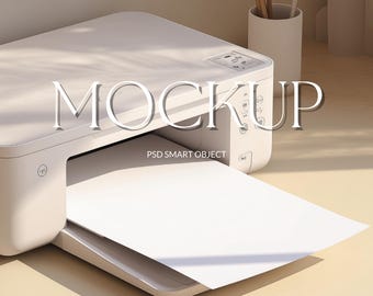 Minimalist Printer Paper Mockup Blank Paper in Printer, Clean Paper Printing Mockup Printable Template PSD Drag&Drop