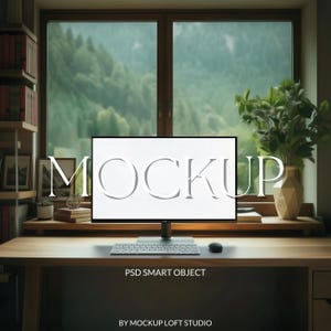 May include: A computer monitor with the word "MOCKUP" in white letters is on a wooden desk. A keyboard and mouse are in front of the monitor. The text "PSD SMART OBJECT" and "BY MOCKUP LOFT STUDIO" are below the monitor.