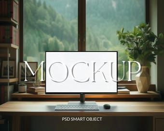 Modern Desktop Mockup with Blank Screen, Nature Window Office Scene, Minimal Computer Monitor Display, Digital Download
