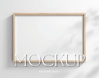 Landscape/Horizontal Mockup: Light Wood Frame, Minimalist Style (PSD), Smart Object PSD for Artwork Display, Rustic Landscape Wall Mockup