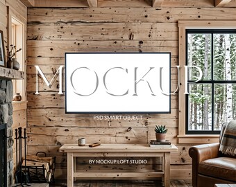 Rustic Cabin TV Art Mockup | Cozy Lodge Interior Mockup | Farmhouse TV Frame Display | Digital TV Art Mockup | Mountain Cabin Decor
