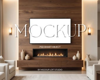 Frame TV Mockup Over Fireplace | Modern Wood Panel Living Room, Luxury Neutral Interior, Frame TV Display