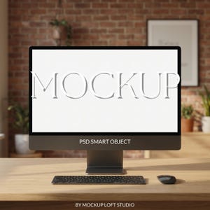 Stationär datormodell med tegelväggbakgrund, modern kontorsskärmmodell, minimal arbetsyta/skrivbordmodell, webbplatsvarumärkesdisplay