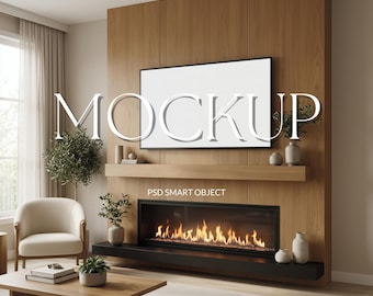 Modern Wood Panel TV Frame Mockup, Frame TV Mockup, Japandi Living Room with Fireplace, Blank White Screen TV Art Display