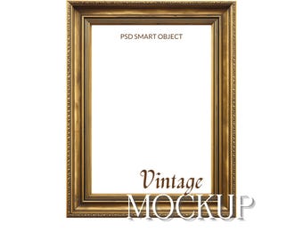 Minimal Antique Gold Frame Mockup – Vintage Ornate Picture Frame, Blank Artwork Display, Clean White Background