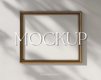 Landscape/Horizontal Mockup: Gold Frame, Minimalist Style (PSD), Smart Object PSD for Artwork Display, Rustic Landscape Wall Mockup