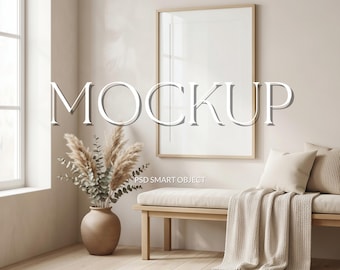 Minimal Light Wood Frame Mockup, Vertical Poster Frame Mockup, Scandinavian Neutral Wall Art Display, Beige Modern Interior Styled Scene