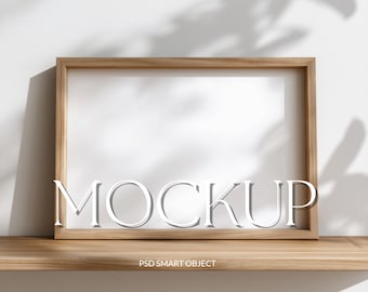 Landscape/Horizontal Mockup: Light Wood Frame, Minimalist Style (PSD), Smart Object PSD for Artwork Display, Rustic Landscape Wall Mockup