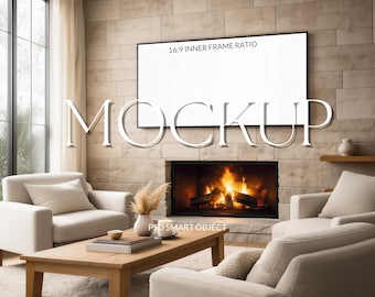 Modern Stone Fireplace TV Mockup, Neutral Living Room TV Art Display, Minimal Fireplace Wall Mockup, White Screen 16x9 TV Frame