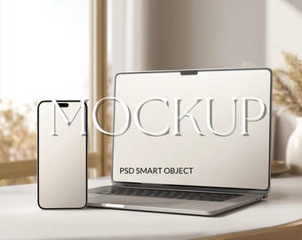 Laptop and Phone Mockup, Neutral Lifestyle Workspace, White Screen Device Display, Minimal Home Office Branding Mockup