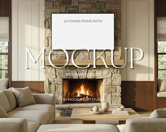Frame TV Mockup - Above Stone Fireplace | Bright Neutral Living Room TV Art Display | Modern Cozy Home TV Mockup