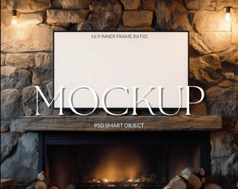 TV Frame Mockup Above Fireplace, Cozy Stone Living Room TV Art Display, Frame TV Mockup, Modern Rustic Home Interior