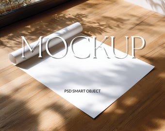 Sunlit Poster Mockup, Blank Paper on Wooden Floor, Natural Light Shadow Mockup, Minimal Print Display, Neutral Wall Art Presentation