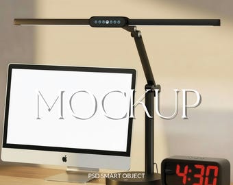 Modern Desk Mockup | iMac Screen Display with LED Desk Lamp, Minimal Office Workspace, Computer Monitor Mockup for Digital Downloads