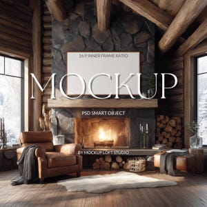 Rustic Cabin Fireplace TV Frame Mockup | Cozy Luxury Log Home Interior | Horizontal Wall Art Display Mock Up
