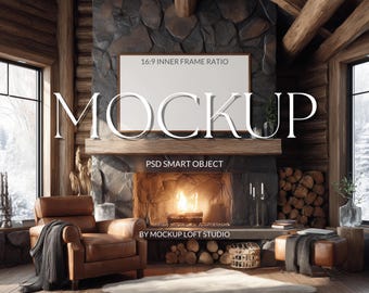 Rustic Cabin Fireplace TV Frame Mockup | Cozy Luxury Log Home Interior | Horizontal Wall Art Display Mock Up