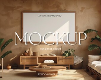 Frame TV Mockup - Warm Neutral Earthy Living Room TV Art Display | Minimal Boho Interior TV Mockup | Blank Screen Wall Art