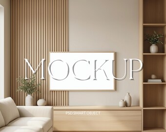 Neutral TV Frame Mockup | Modern Living Room Wall Art Display, Scandinavian Wood Slat Interior, Frame TV Styled Mockup